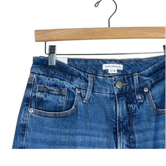 Good American Straight Jeans Womens 6 Medium Wash Distressed High Rise Stretch - Picture 4 of 8